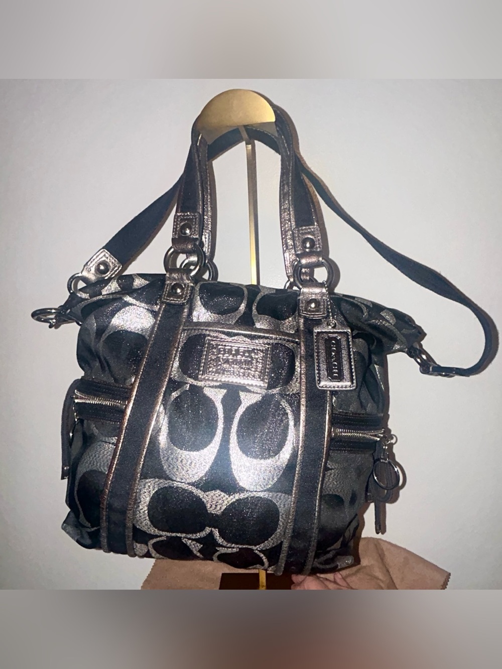 Coach Poppy Black & Silver Metallic Leather Satchel Tote Bag. ECU! Y2K